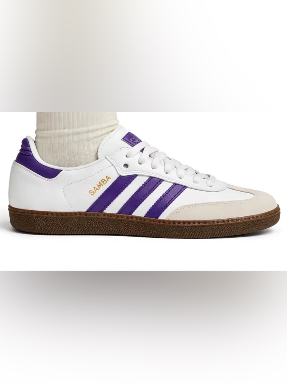adidas Samba White Sneakers with Purple Stripes and Brown Sole.